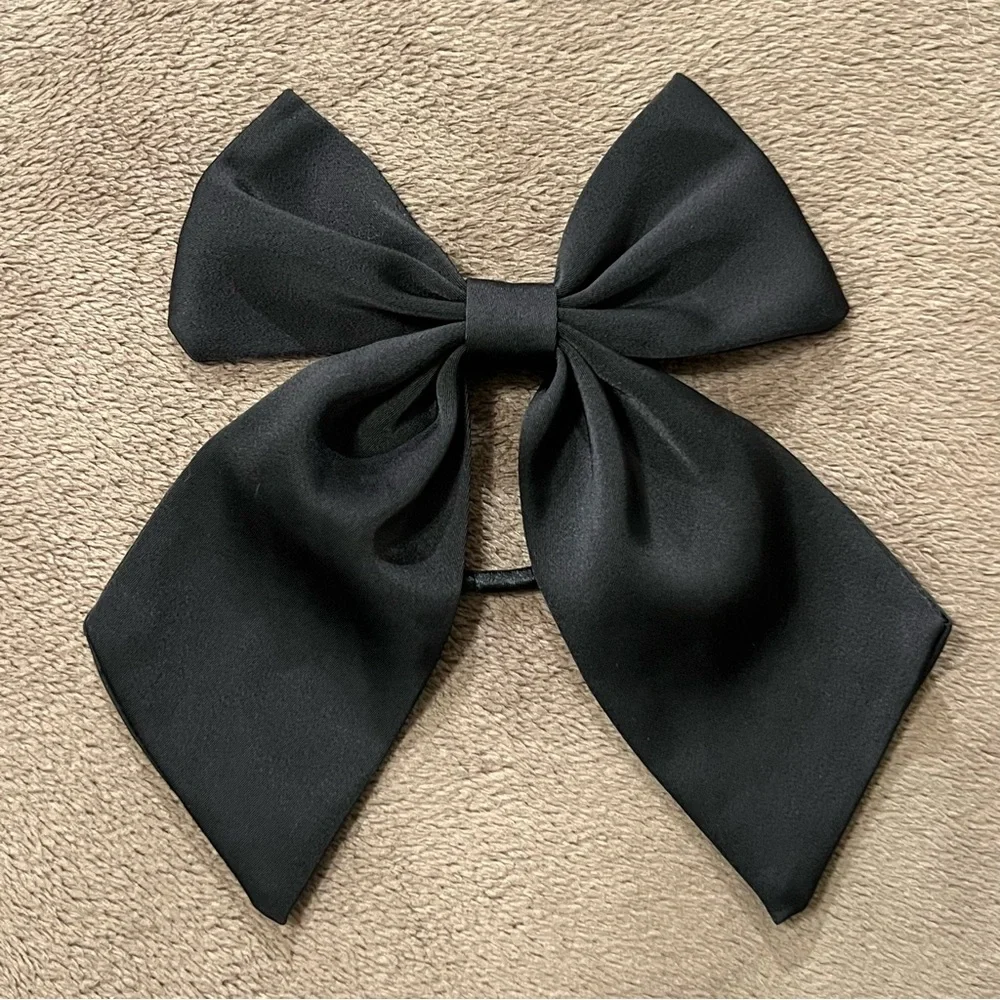 Elegant Satin Bow Hair Tie Lot of 2 Girly Ponytail Holders Black Off White